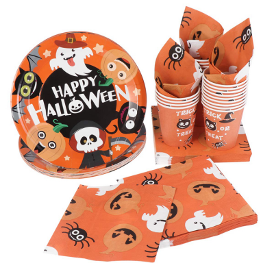 Ghost Pumpkin Theme Disposable Tableware Plate Paper Tableware Kit Halloween Paper Cups Kitchen Paper Napkins Utensils