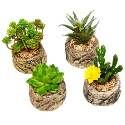 Assorted Set of 4 Green Artificial Faux Mini Succulent Plants w/ Pebble Sand Potted Stone Like Cement Pot