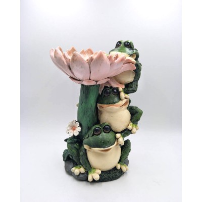 Large Overlapping resin frog statues with big pink flower for garden decoration